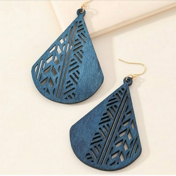 Bohemian Wood Blue Cut Out Design Earrings - Picture 2 of 3